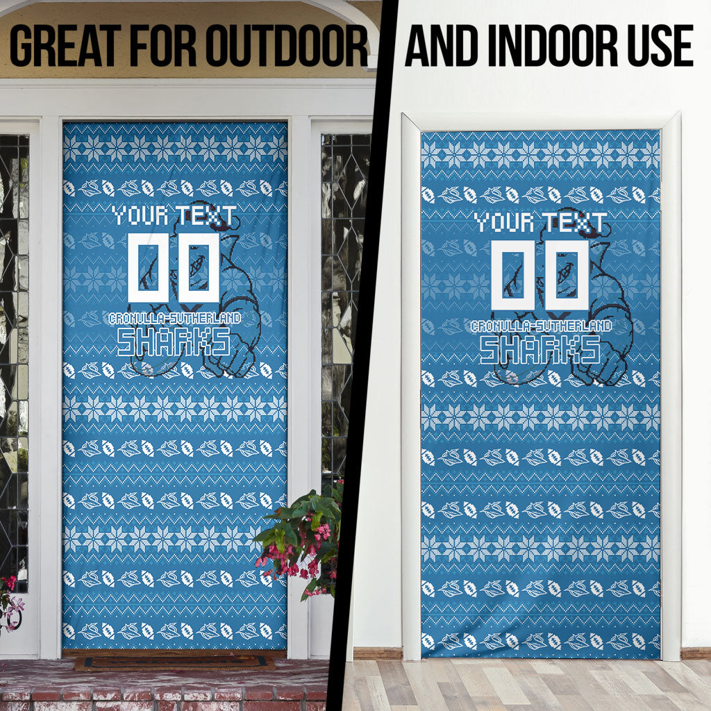 Personalized Cronulla Sharks Christmas Door Cover Australian Rugby Fans - Pixelated Ugly Xmas Pattern Mascot Santa
