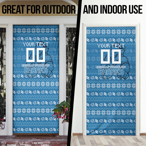 Personalized Cronulla Sharks Christmas Door Cover Australian Rugby Fans - Pixelated Ugly Xmas Pattern Mascot Santa