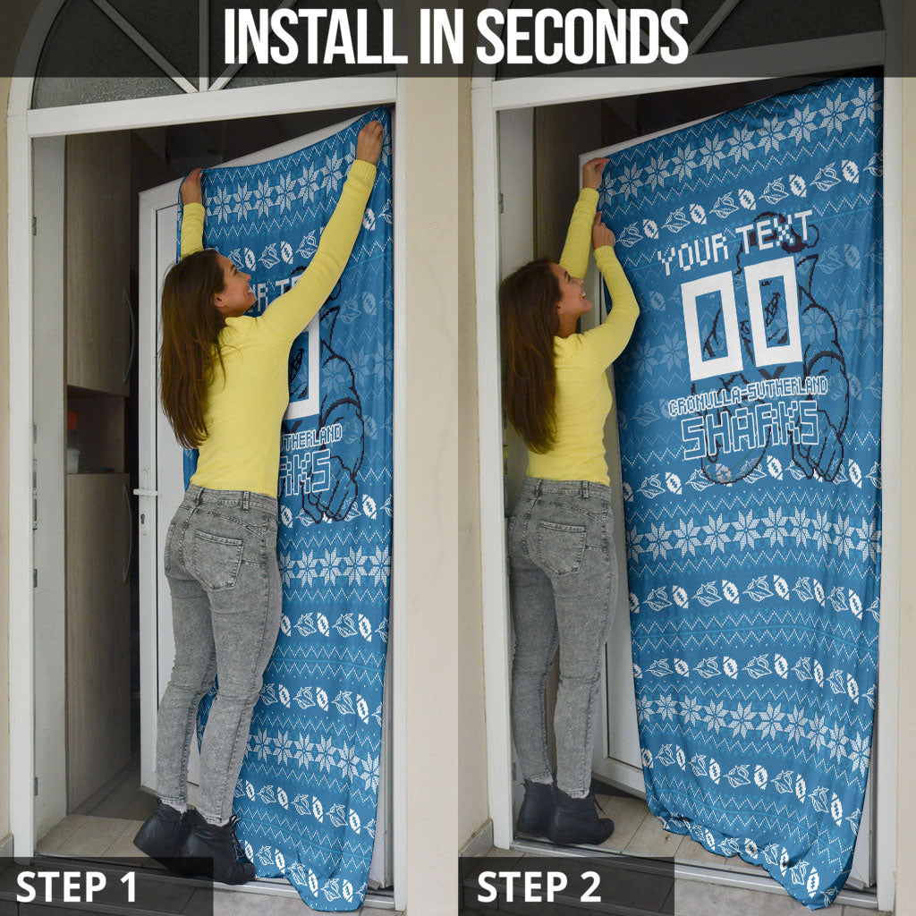 Personalized Cronulla Sharks Christmas Door Cover Australian Rugby Fans - Pixelated Ugly Xmas Pattern Mascot Santa