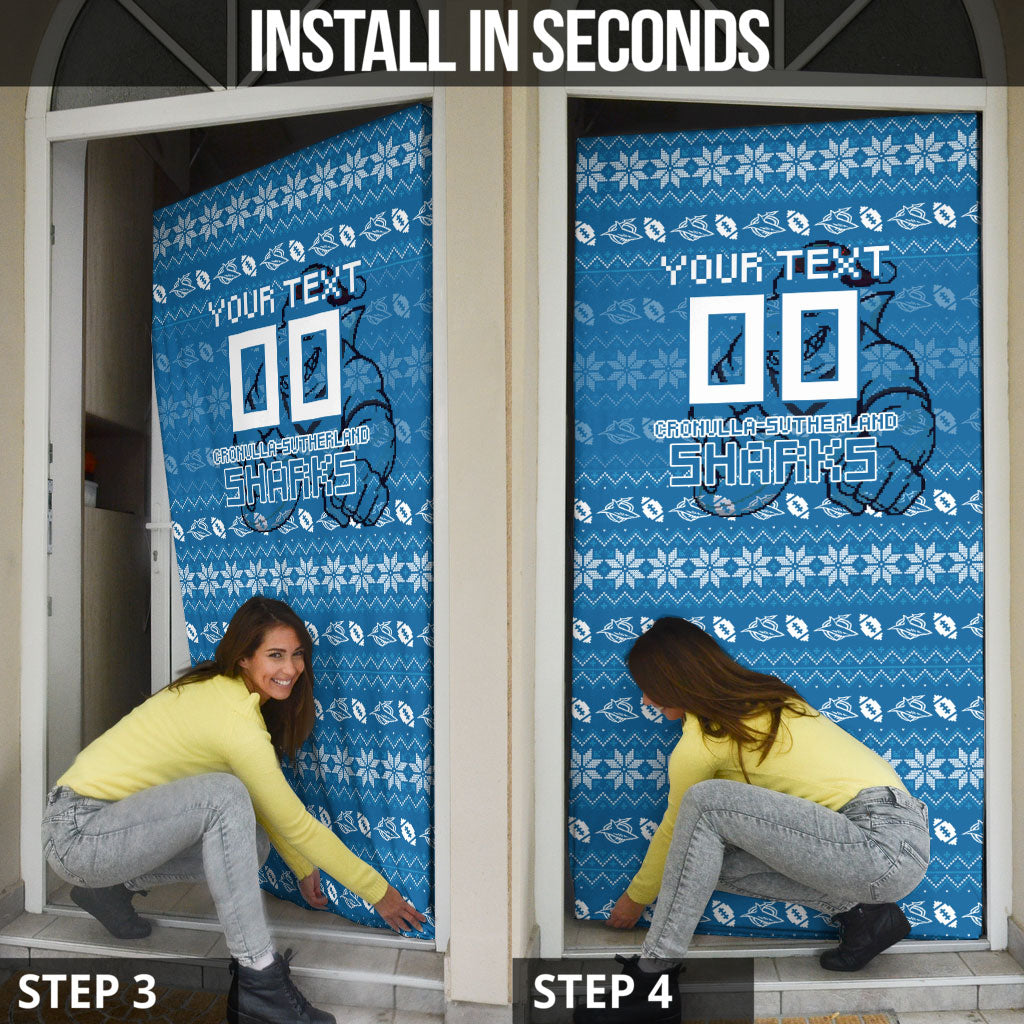 Personalized Cronulla Sharks Christmas Door Cover Australian Rugby Fans - Pixelated Ugly Xmas Pattern Mascot Santa