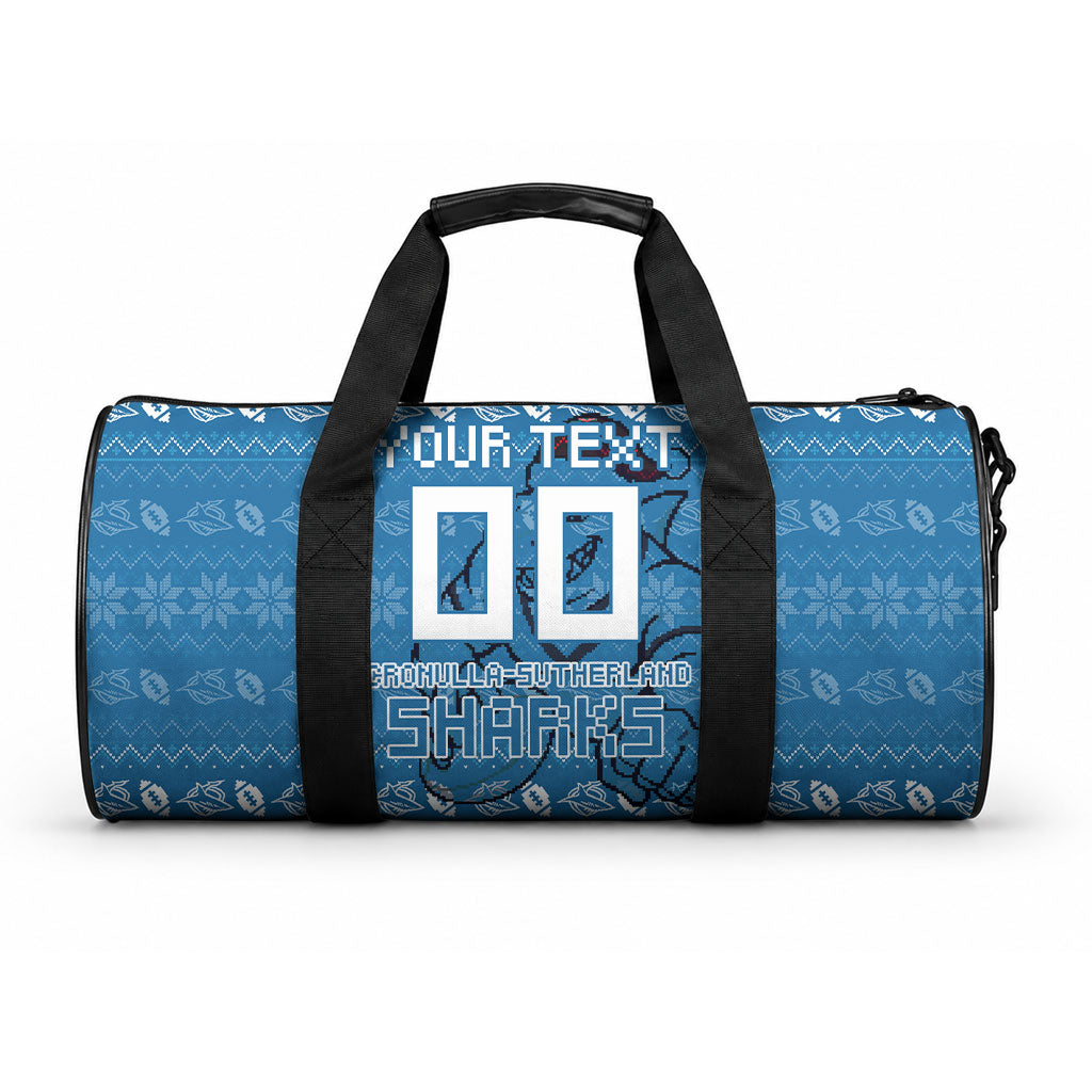 Personalized Cronulla Sharks Christmas Duffle Bag Australian Rugby Fans - Pixelated Ugly Xmas Pattern Mascot Santa