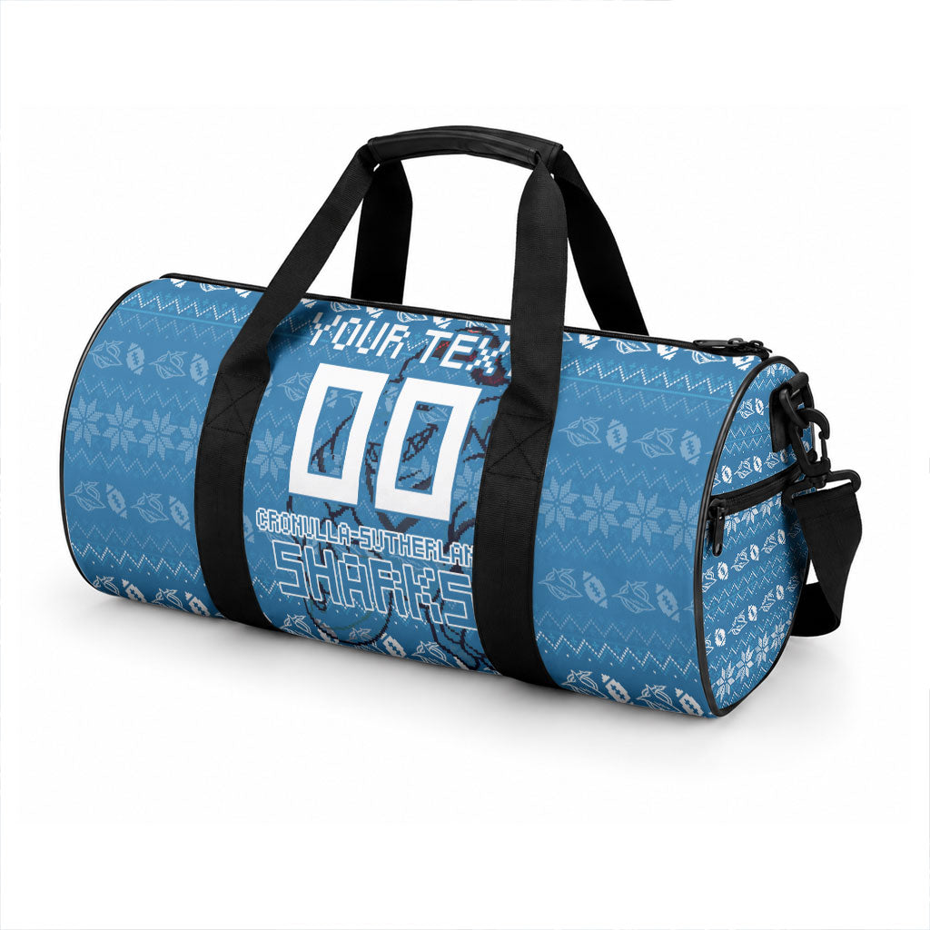 Personalized Cronulla Sharks Christmas Duffle Bag Australian Rugby Fans - Pixelated Ugly Xmas Pattern Mascot Santa