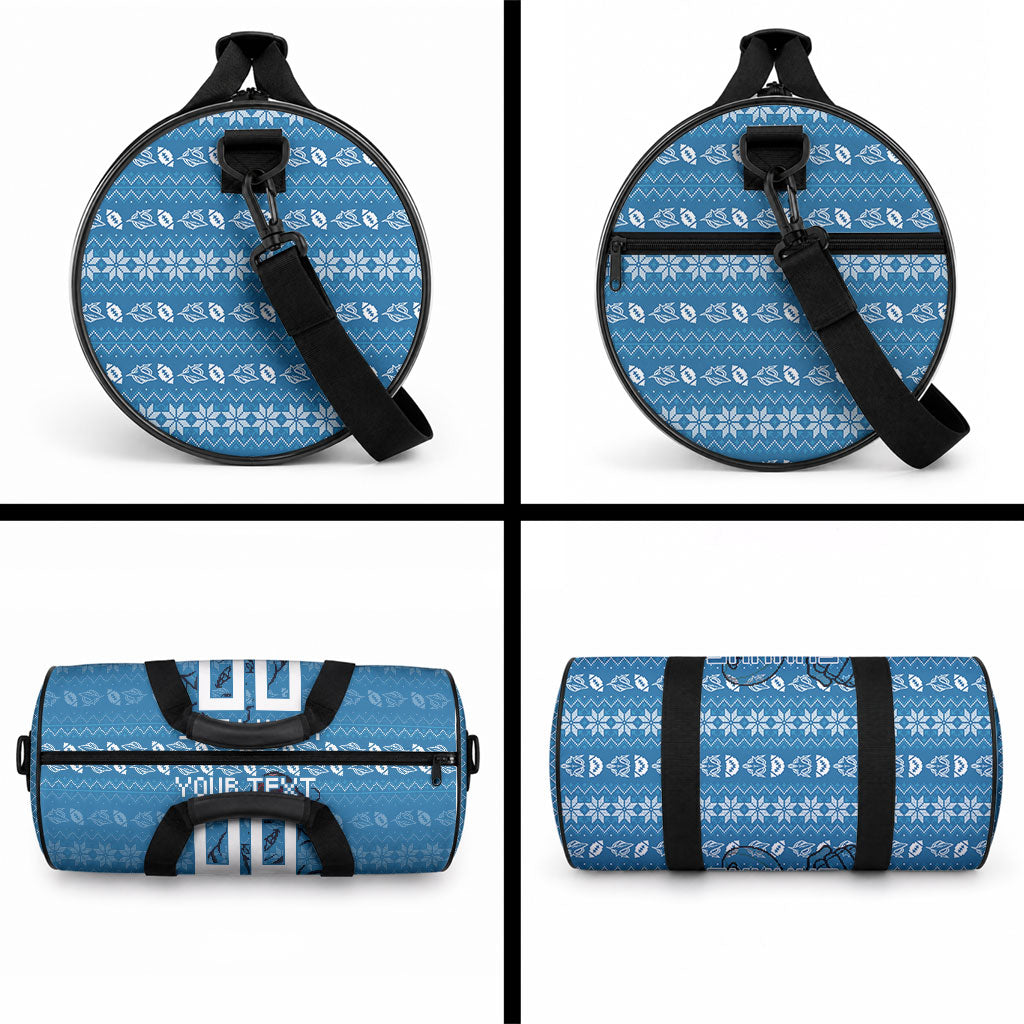 Personalized Cronulla Sharks Christmas Duffle Bag Australian Rugby Fans - Pixelated Ugly Xmas Pattern Mascot Santa