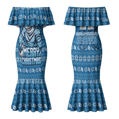 Personalized Cronulla Sharks Christmas Family Matching Mermaid Dress and Hawaiian Shirt Australian Rugby Fans - Pixelated Ugly Xmas Pattern Mascot Santa