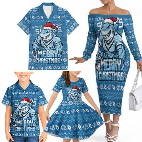 Personalized Cronulla Sharks Christmas Family Matching Off The Shoulder Long Sleeve Dress and Hawaiian Shirt Australian Rugby Fans - Pixelated Ugly Xmas Pattern Mascot Santa