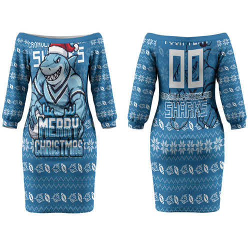 Personalized Cronulla Sharks Christmas Family Matching Off The Shoulder Long Sleeve Dress and Hawaiian Shirt Australian Rugby Fans - Pixelated Ugly Xmas Pattern Mascot Santa