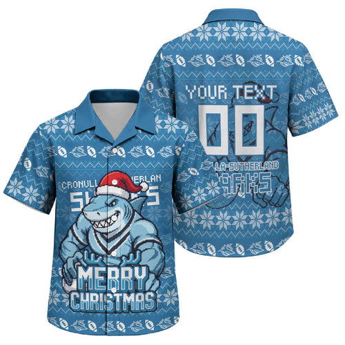 Personalized Cronulla Sharks Christmas Family Matching Off The Shoulder Long Sleeve Dress and Hawaiian Shirt Australian Rugby Fans - Pixelated Ugly Xmas Pattern Mascot Santa
