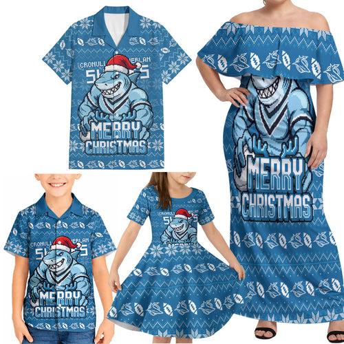 Personalized Cronulla Sharks Christmas Family Matching Off Shoulder Maxi Dress and Hawaiian Shirt Australian Rugby Fans - Pixelated Ugly Xmas Pattern Mascot Santa