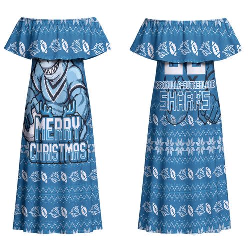 Personalized Cronulla Sharks Christmas Family Matching Off Shoulder Maxi Dress and Hawaiian Shirt Australian Rugby Fans - Pixelated Ugly Xmas Pattern Mascot Santa