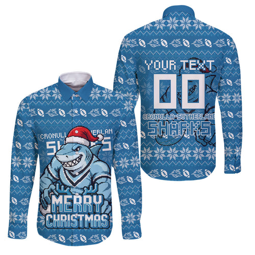 Personalized Cronulla Sharks Christmas Family Matching Off Shoulder Maxi Dress and Hawaiian Shirt Australian Rugby Fans - Pixelated Ugly Xmas Pattern Mascot Santa