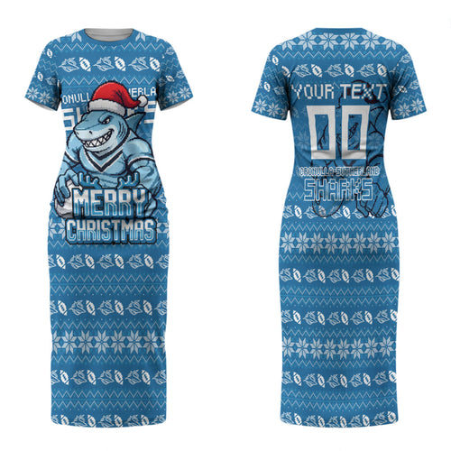 Personalized Cronulla Sharks Christmas Family Matching Short Sleeve Bodycon Dress and Hawaiian Shirt Australian Rugby Fans - Pixelated Ugly Xmas Pattern Mascot Santa