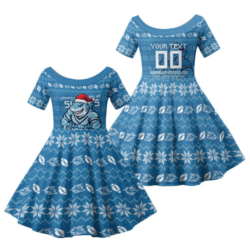 Personalized Cronulla Sharks Christmas Family Matching Short Sleeve Bodycon Dress and Hawaiian Shirt Australian Rugby Fans - Pixelated Ugly Xmas Pattern Mascot Santa