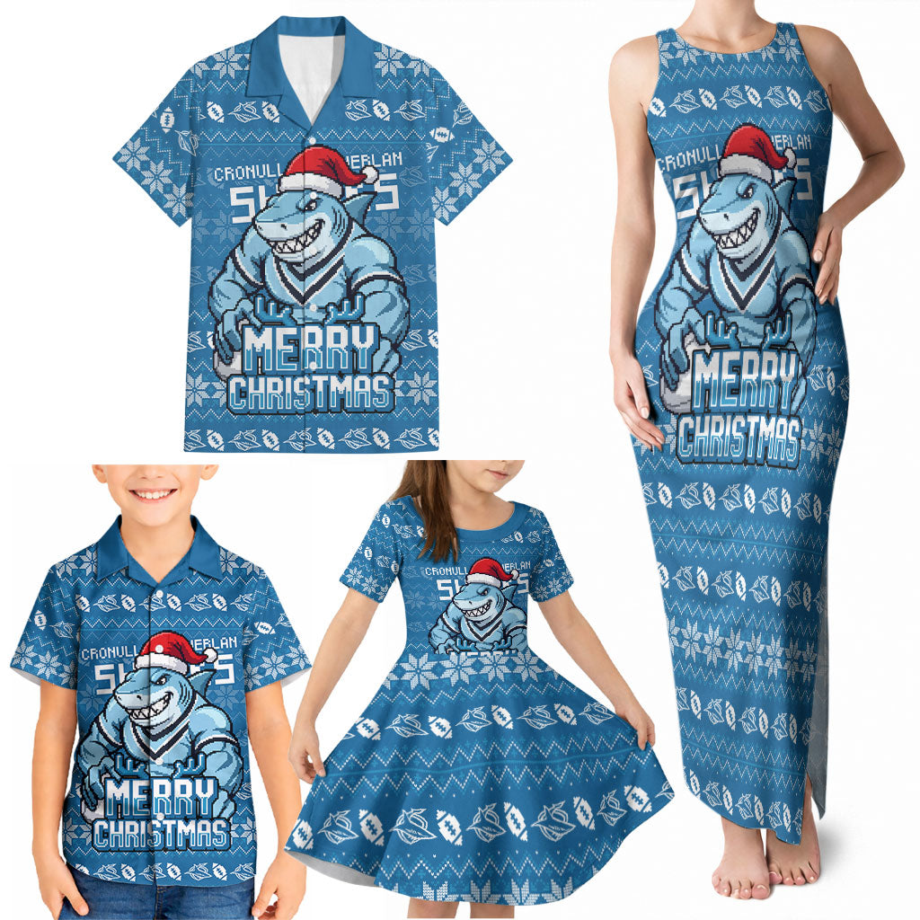 Personalized Cronulla Sharks Christmas Family Matching Tank Maxi Dress and Hawaiian Shirt Australian Rugby Fans - Pixelated Ugly Xmas Pattern Mascot Santa