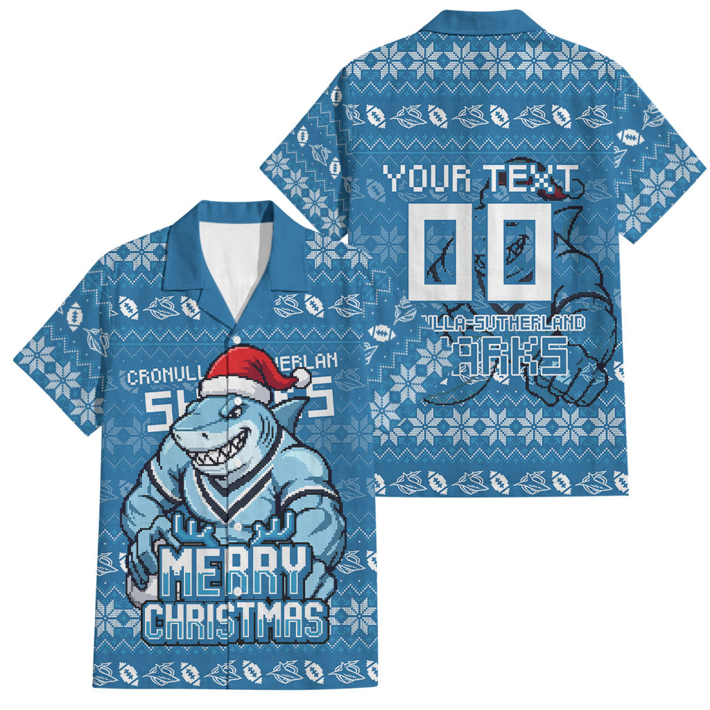 Personalized Cronulla Sharks Christmas Family Matching Tank Maxi Dress and Hawaiian Shirt Australian Rugby Fans - Pixelated Ugly Xmas Pattern Mascot Santa