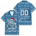Personalized Cronulla Sharks Christmas Family Matching Tank Maxi Dress and Hawaiian Shirt Australian Rugby Fans - Pixelated Ugly Xmas Pattern Mascot Santa