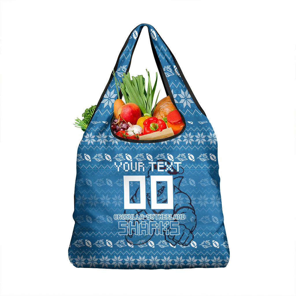 Personalized Cronulla Sharks Christmas Grocery Bag Australian Rugby Fans - Pixelated Ugly Xmas Pattern Mascot Santa