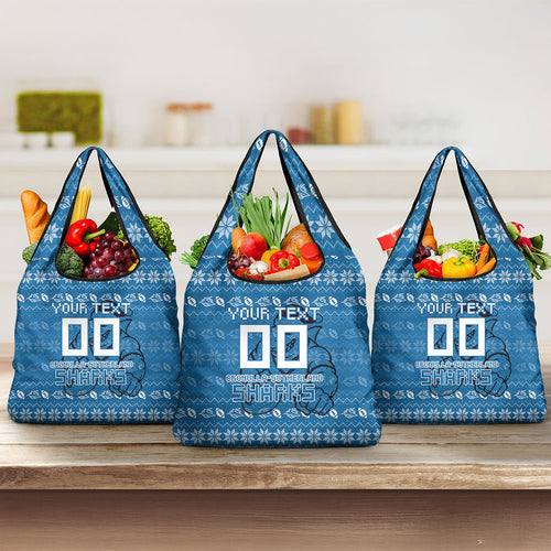 Personalized Cronulla Sharks Christmas Grocery Bag Australian Rugby Fans - Pixelated Ugly Xmas Pattern Mascot Santa