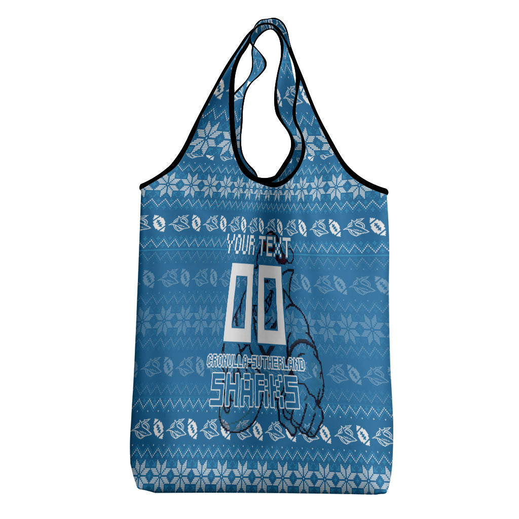 Personalized Cronulla Sharks Christmas Grocery Bag Australian Rugby Fans - Pixelated Ugly Xmas Pattern Mascot Santa