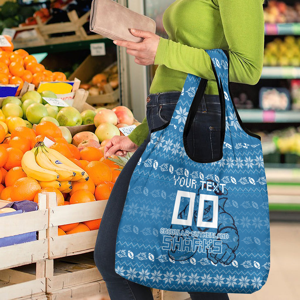 Personalized Cronulla Sharks Christmas Grocery Bag Australian Rugby Fans - Pixelated Ugly Xmas Pattern Mascot Santa