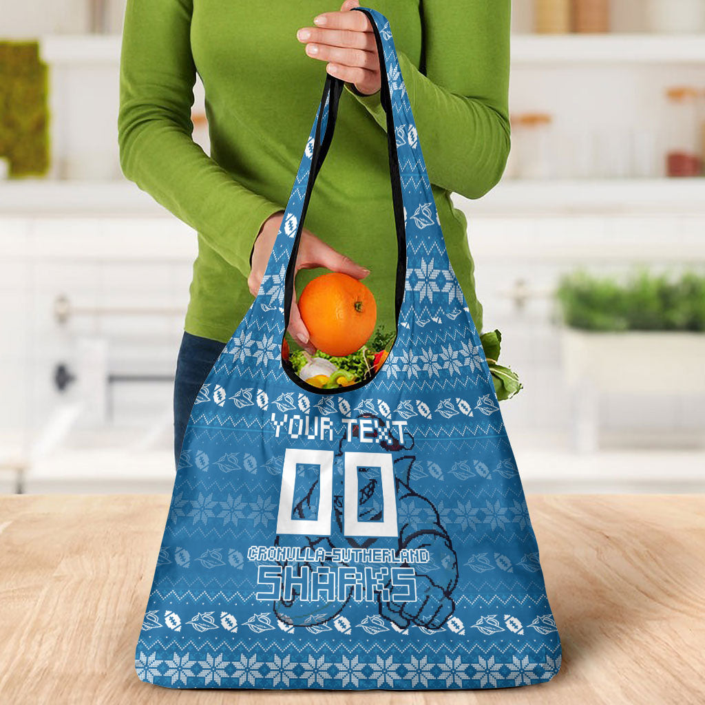 Personalized Cronulla Sharks Christmas Grocery Bag Australian Rugby Fans - Pixelated Ugly Xmas Pattern Mascot Santa