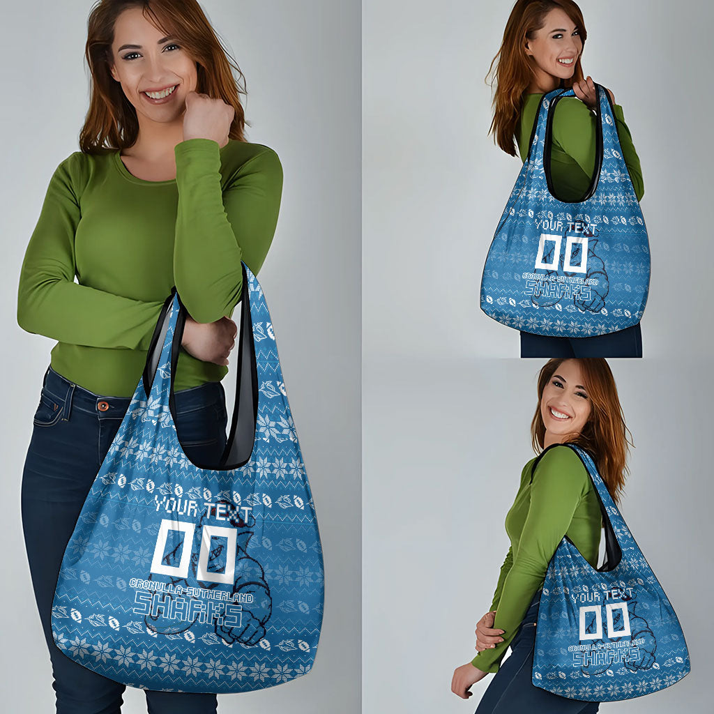 Personalized Cronulla Sharks Christmas Grocery Bag Australian Rugby Fans - Pixelated Ugly Xmas Pattern Mascot Santa