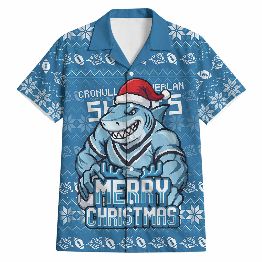 Personalized Cronulla Sharks Christmas Hawaiian Shirt Australian Rugby Fans - Pixelated Ugly Xmas Pattern Mascot Santa