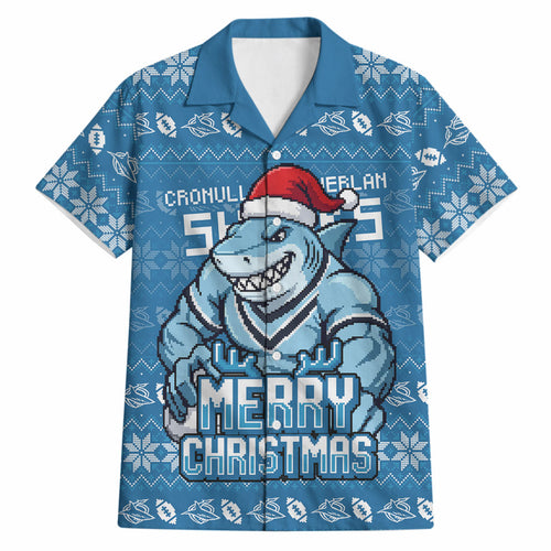 Personalized Cronulla Sharks Christmas Hawaiian Shirt Australian Rugby Fans - Pixelated Ugly Xmas Pattern Mascot Santa