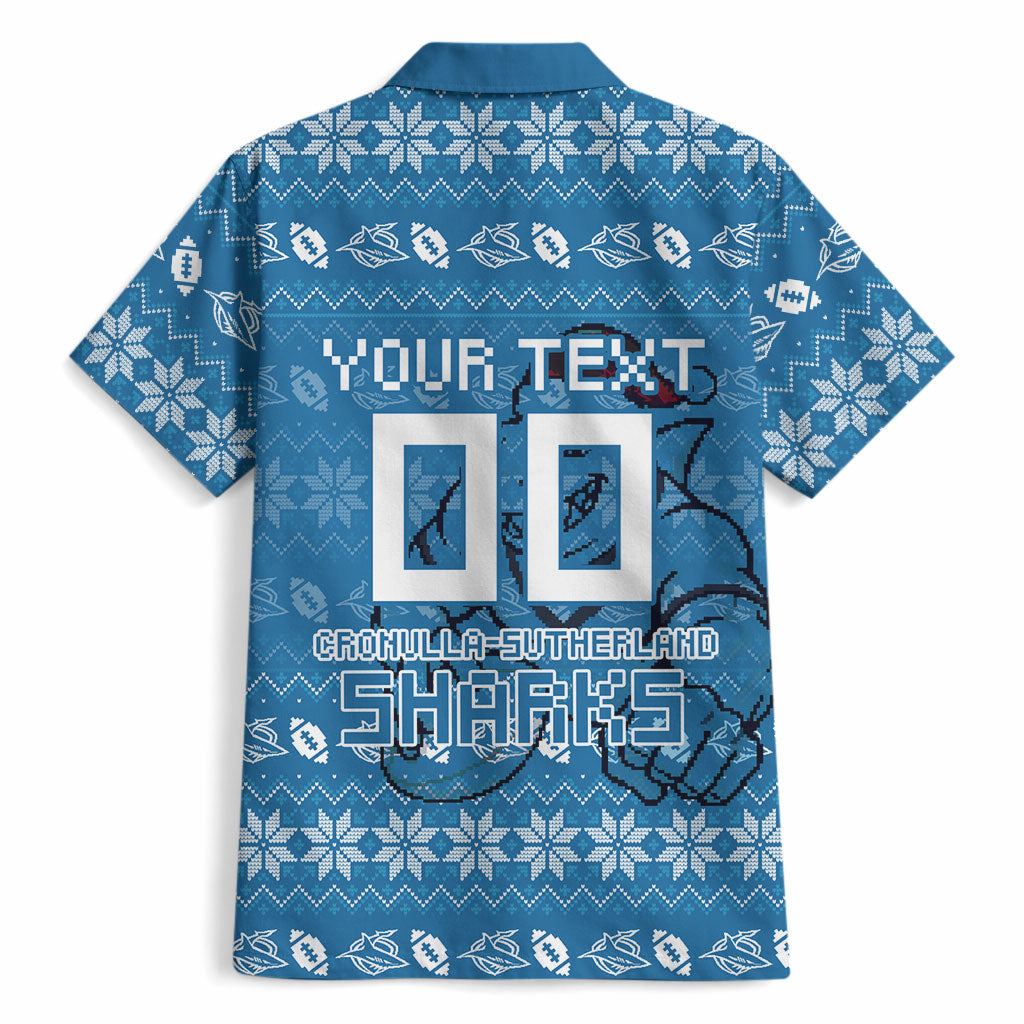 Personalized Cronulla Sharks Christmas Hawaiian Shirt Australian Rugby Fans - Pixelated Ugly Xmas Pattern Mascot Santa