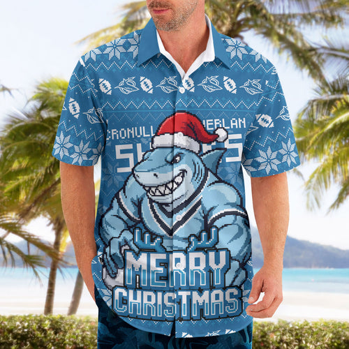 Personalized Cronulla Sharks Christmas Hawaiian Shirt Australian Rugby Fans - Pixelated Ugly Xmas Pattern Mascot Santa
