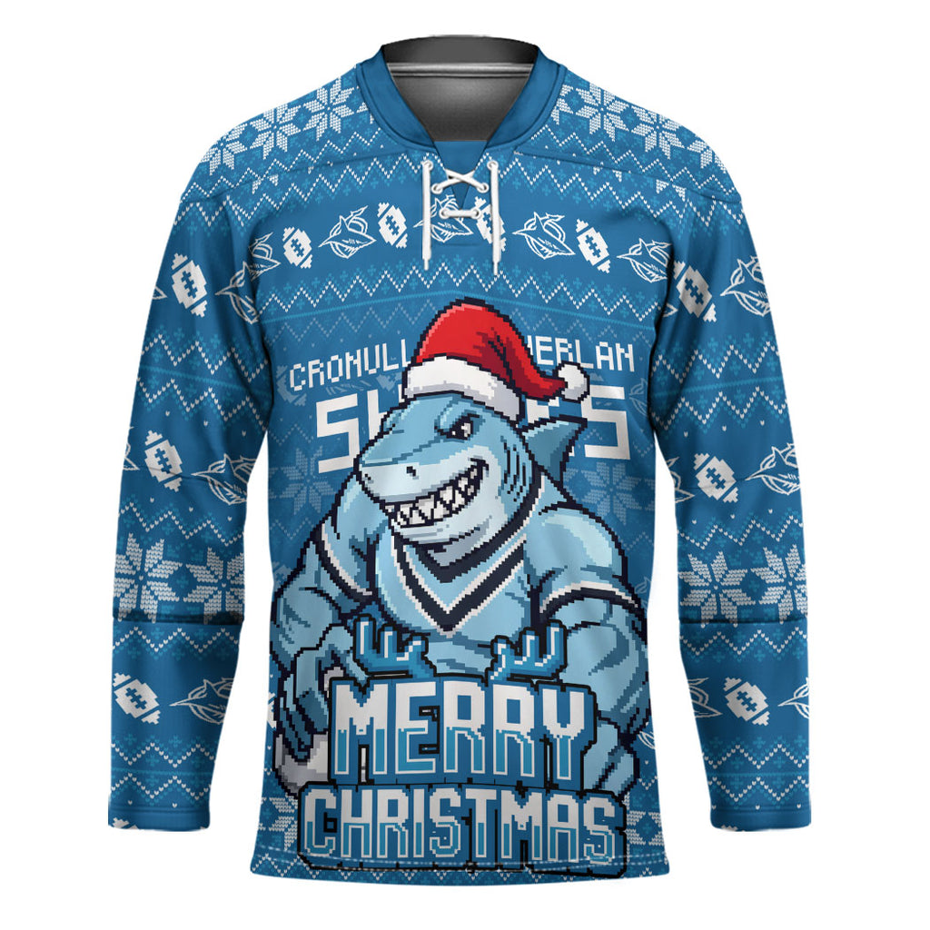 Personalized Cronulla Sharks Christmas Hockey Jersey Australian Rugby Fans - Pixelated Ugly Xmas Pattern Mascot Santa