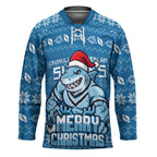 Personalized Cronulla Sharks Christmas Hockey Jersey Australian Rugby Fans - Pixelated Ugly Xmas Pattern Mascot Santa