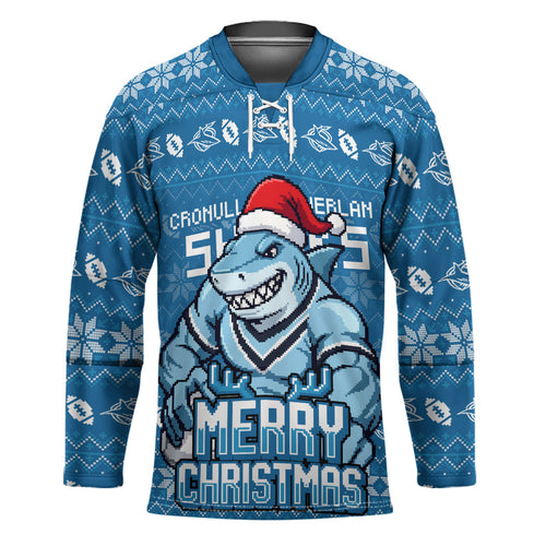 Personalized Cronulla Sharks Christmas Hockey Jersey Australian Rugby Fans - Pixelated Ugly Xmas Pattern Mascot Santa