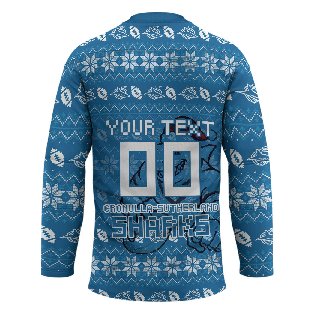 Personalized Cronulla Sharks Christmas Hockey Jersey Australian Rugby Fans - Pixelated Ugly Xmas Pattern Mascot Santa