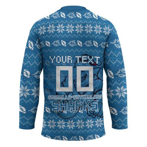 Personalized Cronulla Sharks Christmas Hockey Jersey Australian Rugby Fans - Pixelated Ugly Xmas Pattern Mascot Santa