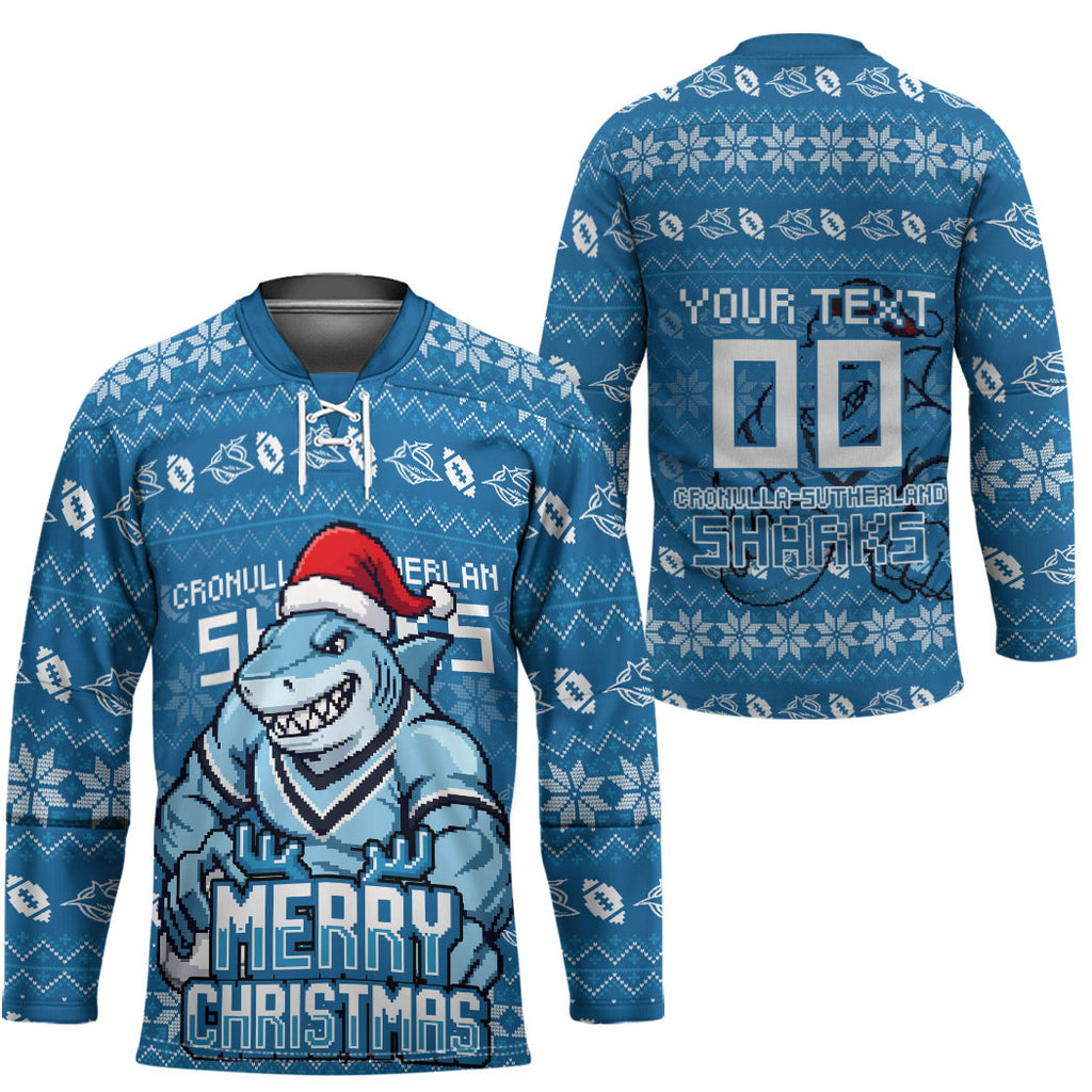Personalized Cronulla Sharks Christmas Hockey Jersey Australian Rugby Fans - Pixelated Ugly Xmas Pattern Mascot Santa