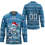 Personalized Cronulla Sharks Christmas Hockey Jersey Australian Rugby Fans - Pixelated Ugly Xmas Pattern Mascot Santa