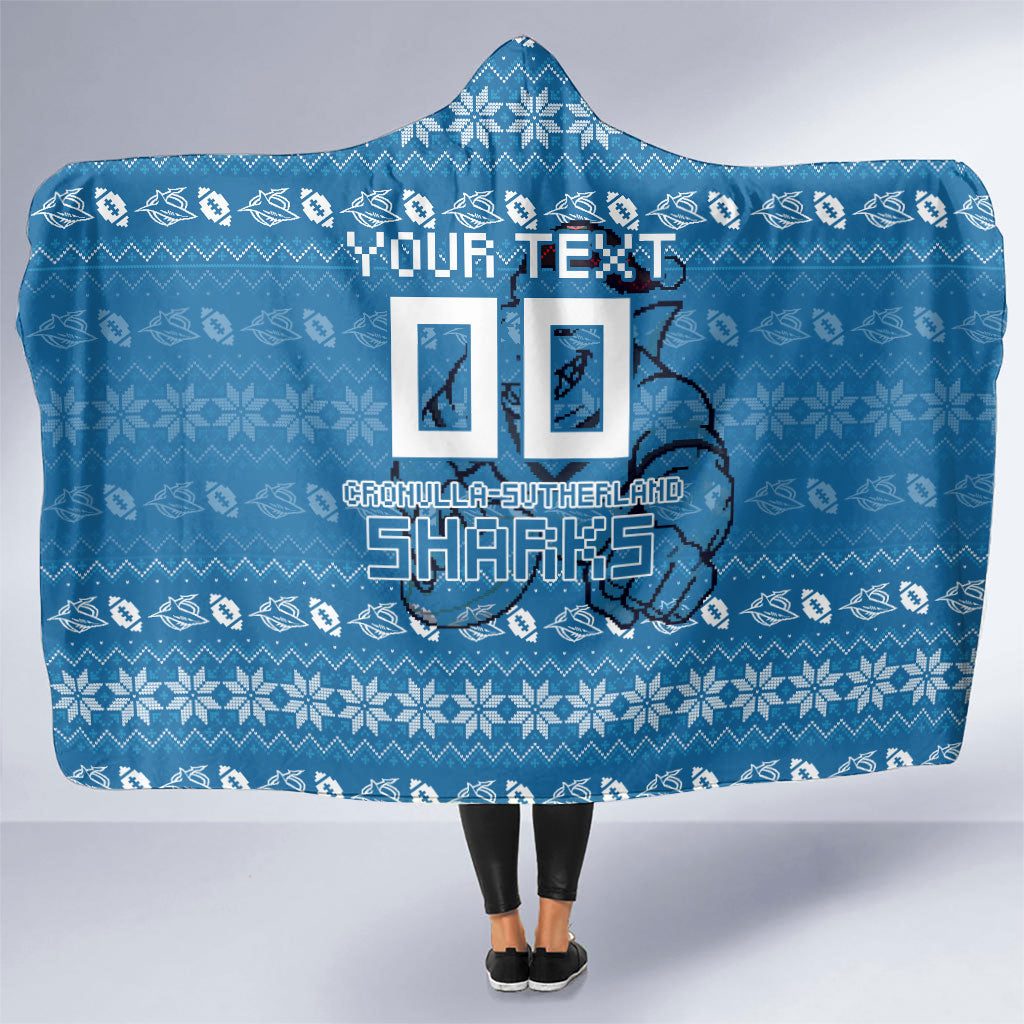 Personalized Cronulla Sharks Christmas Hooded Blanket Australian Rugby Fans - Pixelated Ugly Xmas Pattern Mascot Santa