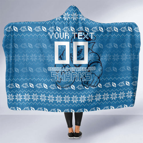 Personalized Cronulla Sharks Christmas Hooded Blanket Australian Rugby Fans - Pixelated Ugly Xmas Pattern Mascot Santa