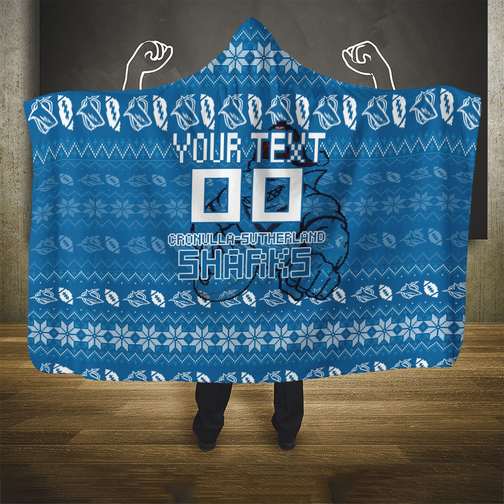Personalized Cronulla Sharks Christmas Hooded Blanket Australian Rugby Fans - Pixelated Ugly Xmas Pattern Mascot Santa