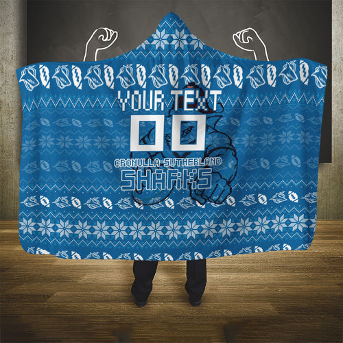 Personalized Cronulla Sharks Christmas Hooded Blanket Australian Rugby Fans - Pixelated Ugly Xmas Pattern Mascot Santa