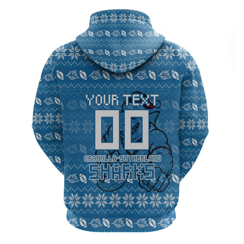 Personalized Cronulla Sharks Christmas Hoodie Australian Rugby Fans - Pixelated Ugly Xmas Pattern Mascot Santa