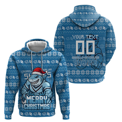 Personalized Cronulla Sharks Christmas Hoodie Australian Rugby Fans - Pixelated Ugly Xmas Pattern Mascot Santa