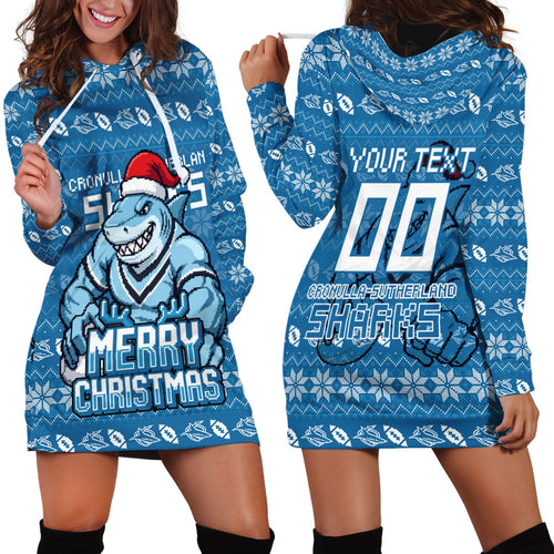 Personalized Cronulla Sharks Christmas Hoodie Dress Australian Rugby Fans - Pixelated Ugly Xmas Pattern Mascot Santa