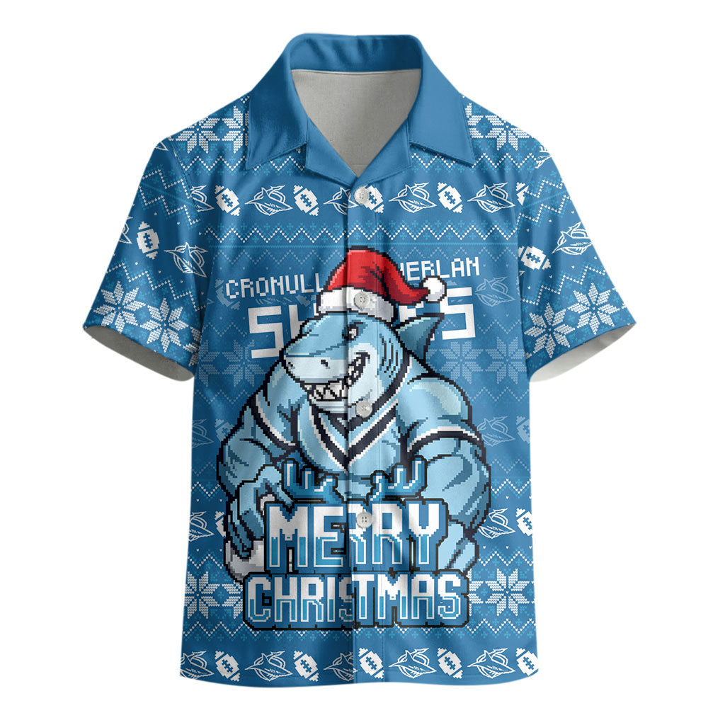 Personalized Cronulla Sharks Christmas Kid Hawaiian Shirt Australian Rugby Fans - Pixelated Ugly Xmas Pattern Mascot Santa