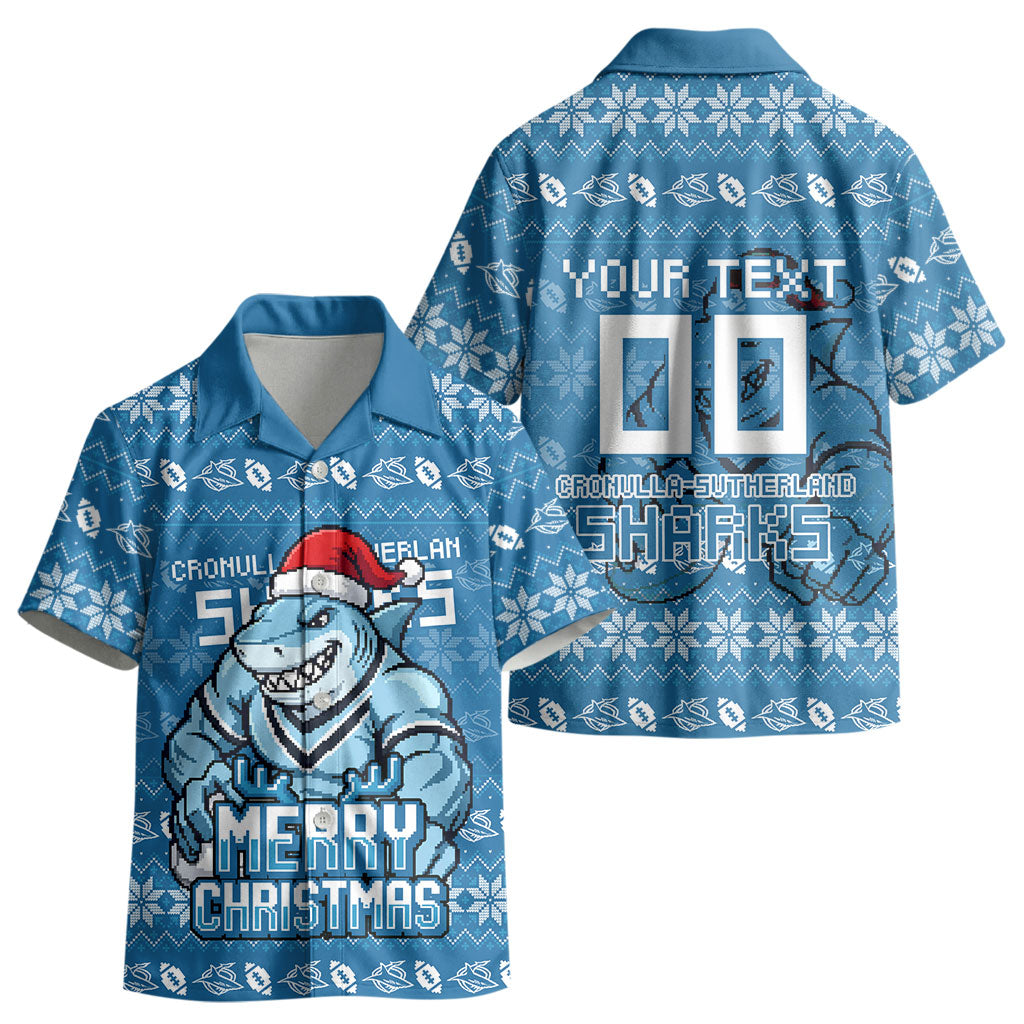 Personalized Cronulla Sharks Christmas Kid Hawaiian Shirt Australian Rugby Fans - Pixelated Ugly Xmas Pattern Mascot Santa