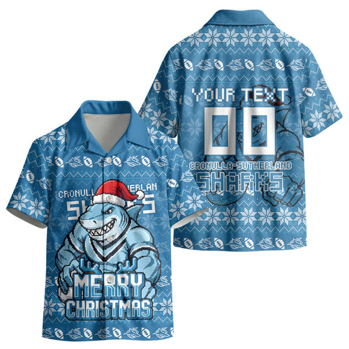 Personalized Cronulla Sharks Christmas Kid Hawaiian Shirt Australian Rugby Fans - Pixelated Ugly Xmas Pattern Mascot Santa
