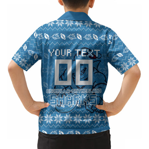 Personalized Cronulla Sharks Christmas Kid Hawaiian Shirt Australian Rugby Fans - Pixelated Ugly Xmas Pattern Mascot Santa