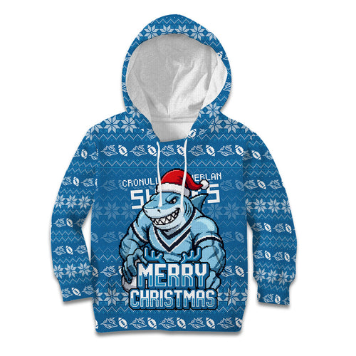 Personalized Cronulla Sharks Christmas Kid Hoodie Australian Rugby Fans - Pixelated Ugly Xmas Pattern Mascot Santa