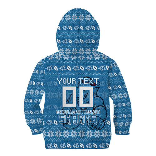 Personalized Cronulla Sharks Christmas Kid Hoodie Australian Rugby Fans - Pixelated Ugly Xmas Pattern Mascot Santa