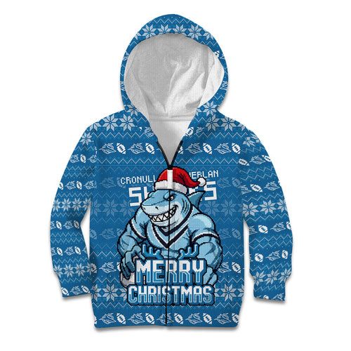 Personalized Cronulla Sharks Christmas Kid Hoodie Australian Rugby Fans - Pixelated Ugly Xmas Pattern Mascot Santa